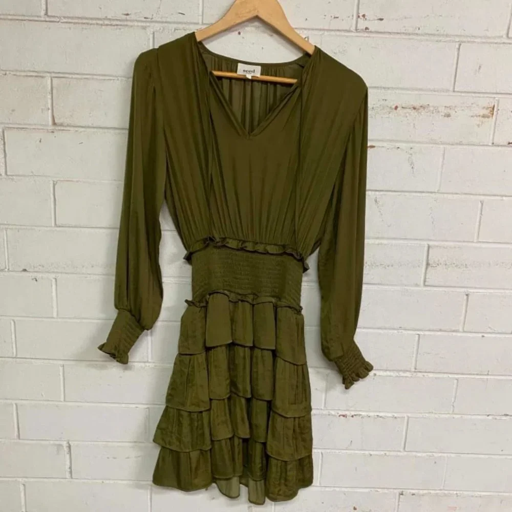 SEED HERITAGE Khaki Green Tiered Frill Long Sleeve Mini Dress - Picture 10 of 13